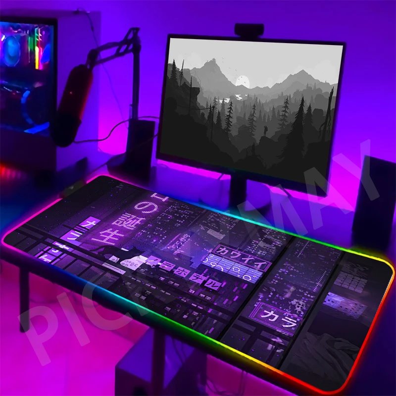 Neon Backlight Gaming Mousepad Cyberpunk  Desk Rug RGB Gamer Mousepads Mouse Pad LED Non-Slip Rubber Mouse Mats Keyboard Mat