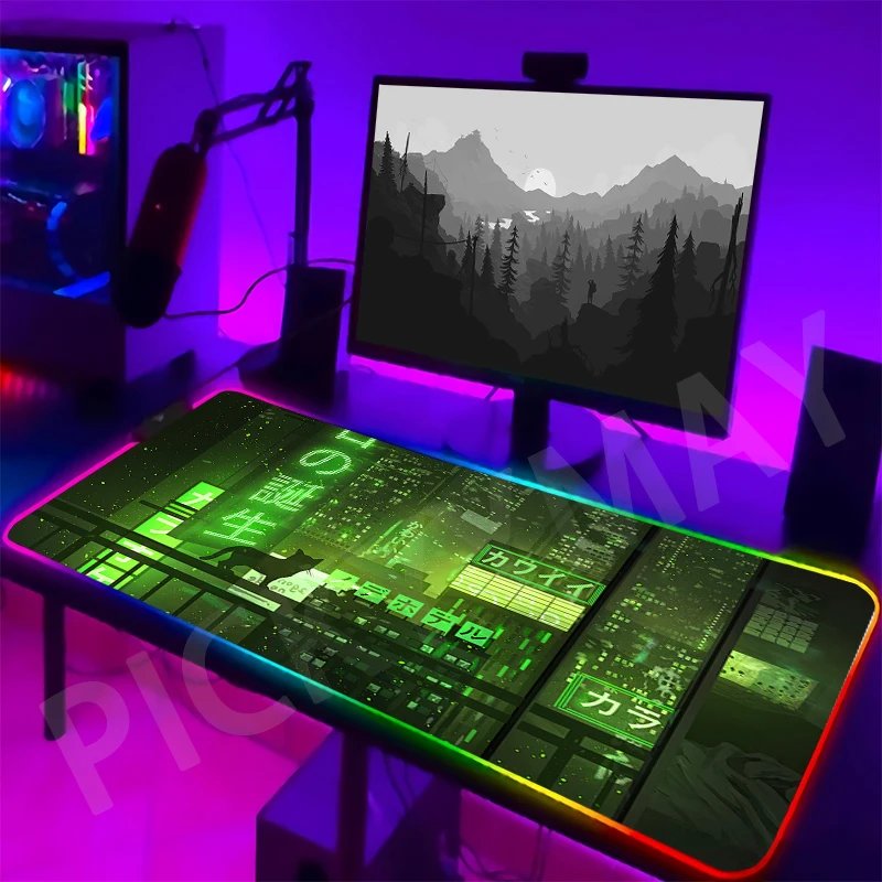 Neon Backlight Gaming Mousepad Cyberpunk  Desk Rug RGB Gamer Mousepads Mouse Pad LED Non-Slip Rubber Mouse Mats Keyboard Mat