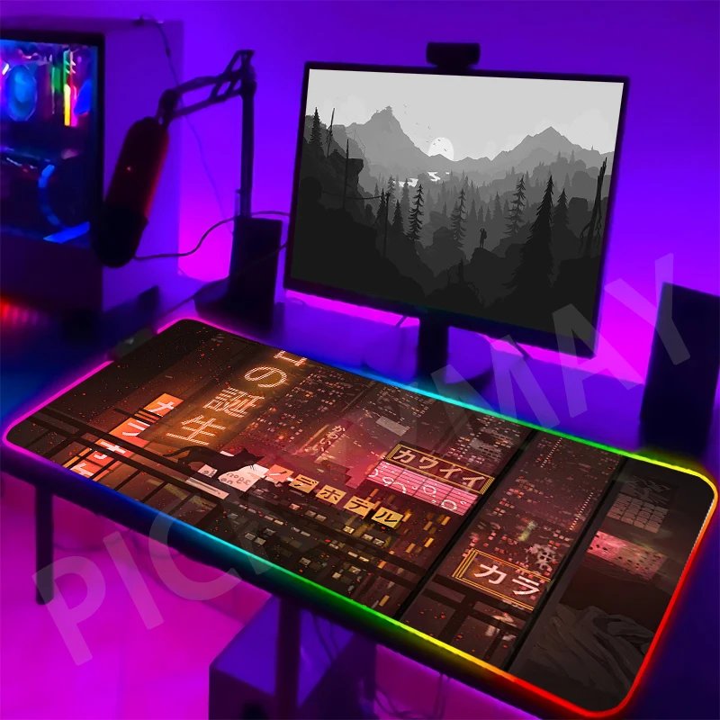 Neon Backlight Gaming Mousepad Cyberpunk  Desk Rug RGB Gamer Mousepads Mouse Pad LED Non-Slip Rubber Mouse Mats Keyboard Mat