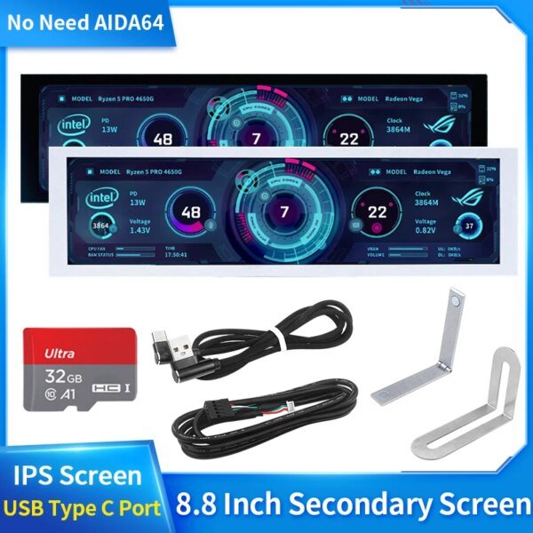 8.8 Inch IPS Type C Secondary Screen USB-C Interface Computer Monitoring CPU GPU RAM Dislpay Smart Screen No Need AIDA64