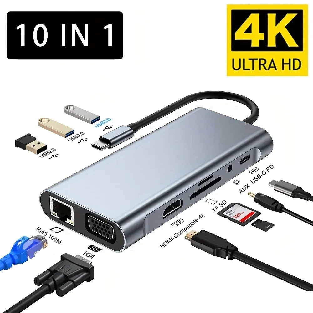 USB C Hub 4K 30Hz Type-C to HDTV Compatible USB 3.0 Adapter 10-in-1 Type-C Hub Docking Station PD 87W USB C Splitter for MacBook