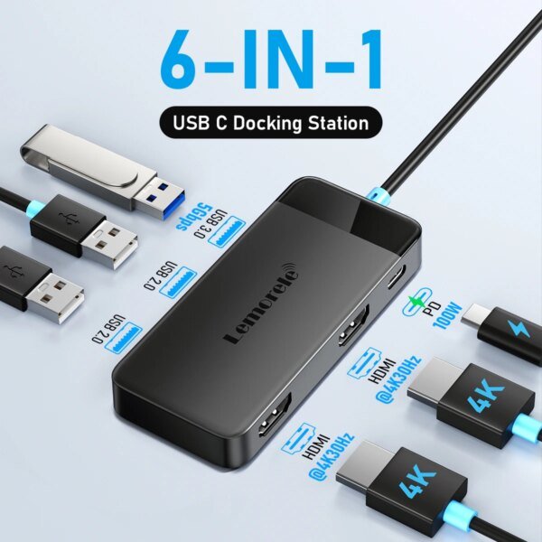 Lemorele TC122 USB C HUB Dual HDMI 4K Docking Station USB 3.0 PD 100W Type C Port for Macbook iPad M2 M1 Steam Deck