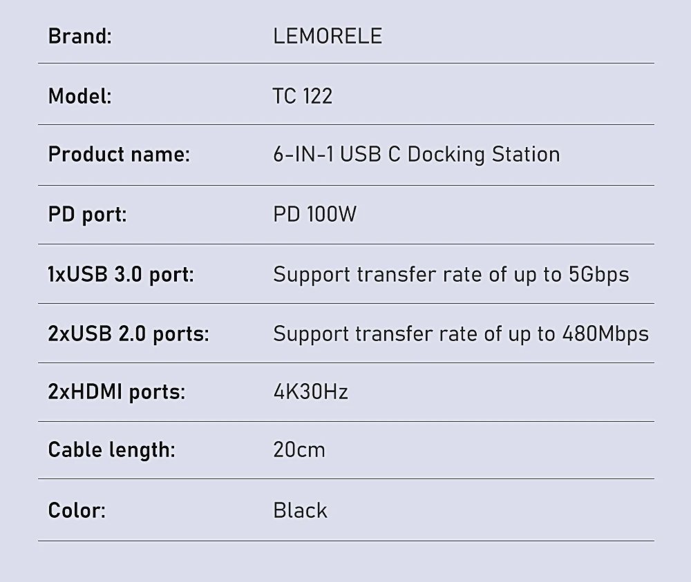 Lemorele TC122 USB C HUB Dual HDMI 4K Docking Station USB 3.0 PD 100W Type C Port for Macbook iPad M2 M1 Steam Deck