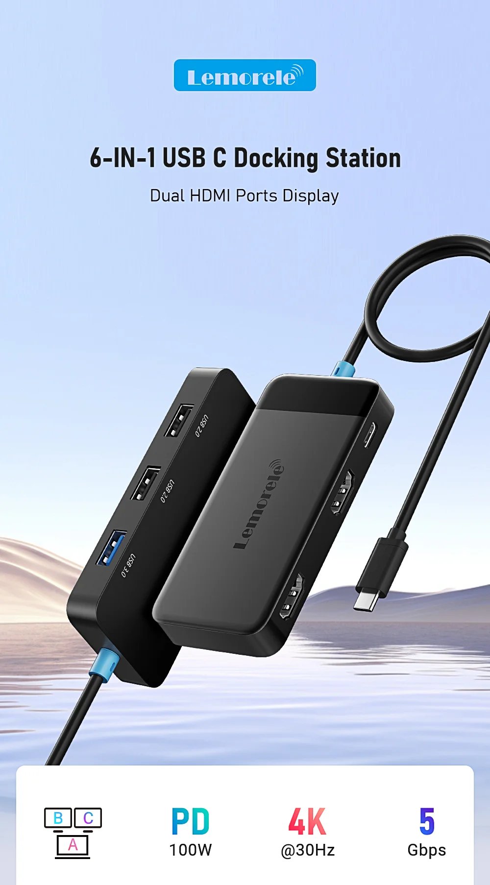 Lemorele TC122 USB C HUB Dual HDMI 4K Docking Station USB 3.0 PD 100W Type C Port for Macbook iPad M2 M1 Steam Deck