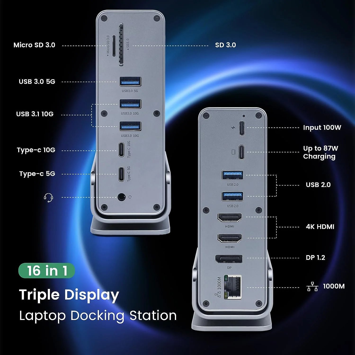 USB C Docking Station 16 in 1 USB C Hub Multiport Adapter with Dual 4K HDMI DisplayPort 100W PD Audio SD TF Ethernet