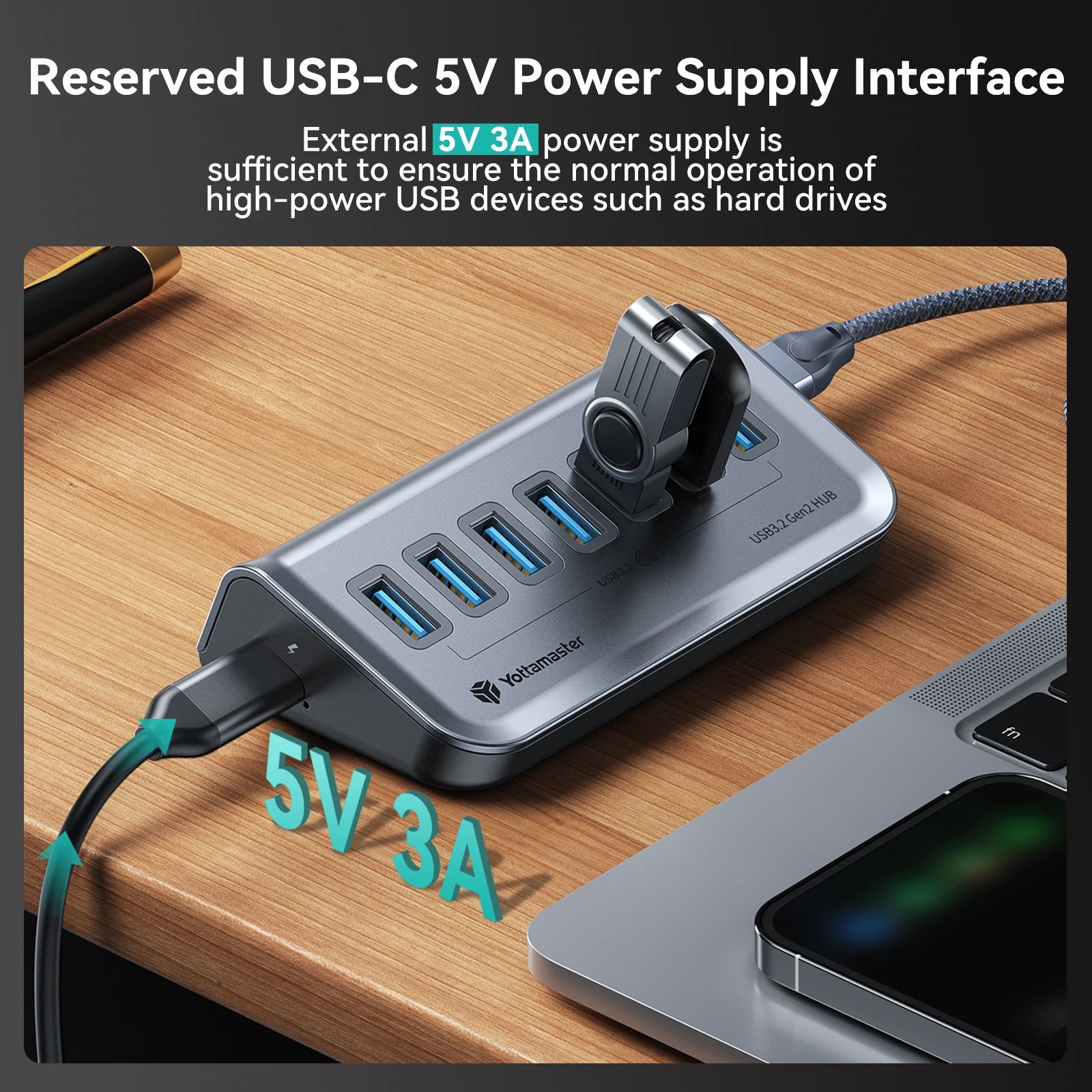 Yottamaster USB-C 3.2 Hub 7 Port USB Hub Powered 5V/3A USB 3.2 Gen2 10Gbps Data Hub for Laptops Surface Pro Portable Hard Drives