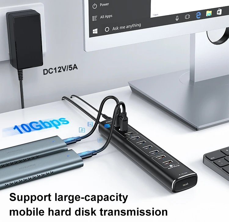 RSHTECH USB 3.2 10 Port HUB 10Gbps Type-C PD USB C Multi Hub 60W USB-A 3.2 QC3.0 Charging Ports Aluminum USB Splitter for Laptop