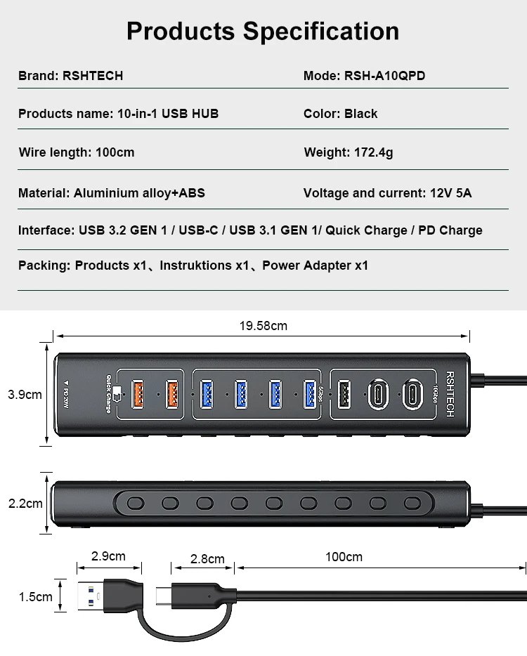 RSHTECH USB 3.2 10 Port HUB 10Gbps Type-C PD USB C Multi Hub 60W USB-A 3.2 QC3.0 Charging Ports Aluminum USB Splitter for Laptop