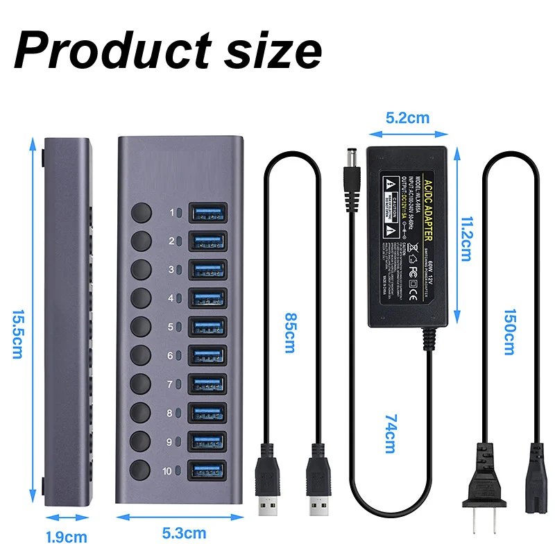 10 Ports USB 3.0 HUB Charging 5Gbps Data Transfer External Splitter Docking Station Power 60W LED Light Switch Convert Adapter