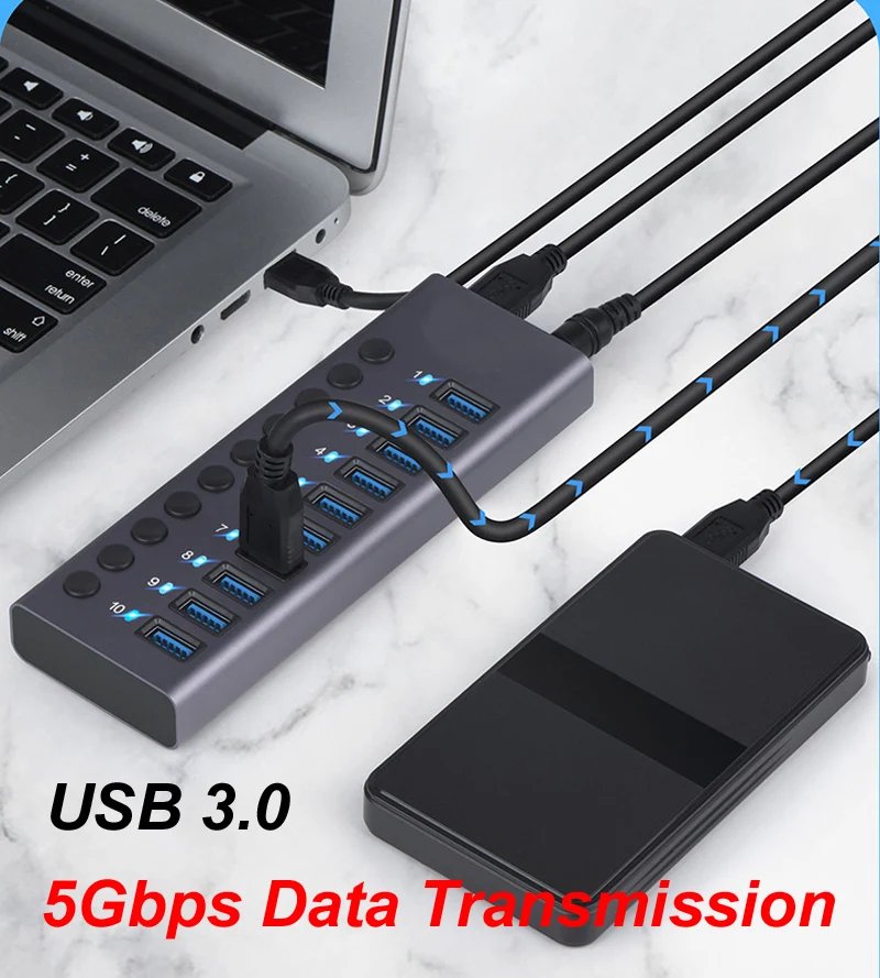 10 Ports USB 3.0 HUB Charging 5Gbps Data Transfer External Splitter Docking Station Power 60W LED Light Switch Convert Adapter