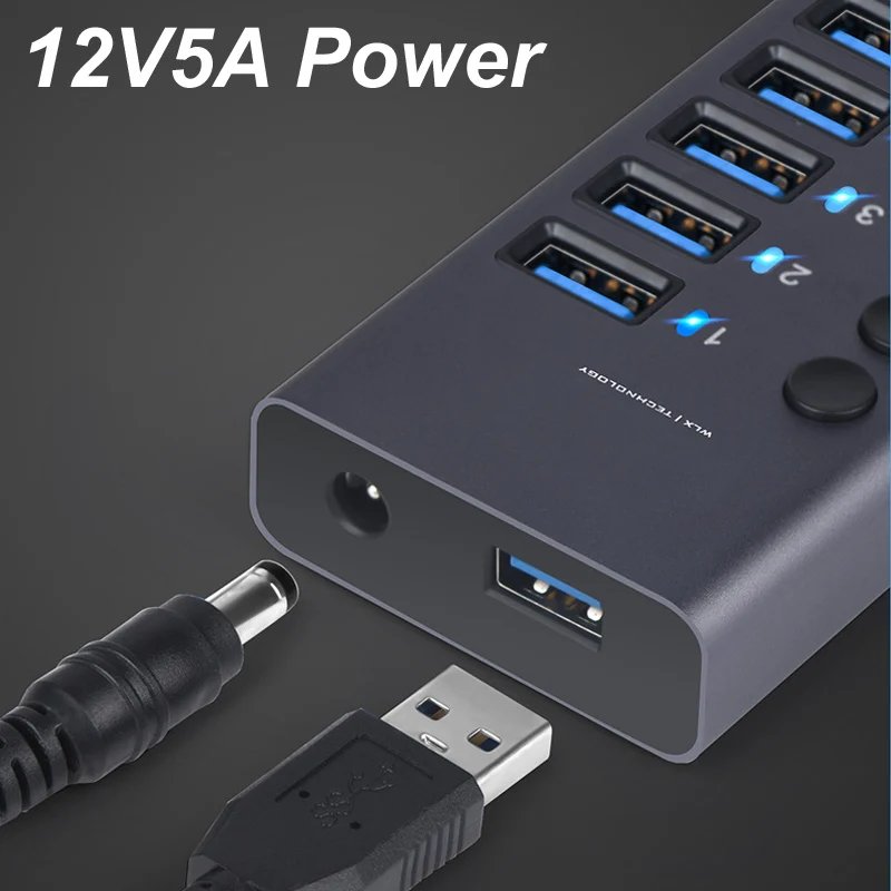 10 Ports USB 3.0 HUB Charging 5Gbps Data Transfer External Splitter Docking Station Power 60W LED Light Switch Convert Adapter