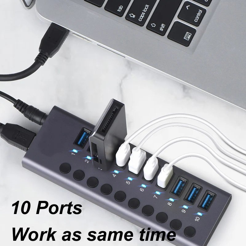 10 Ports USB 3.0 HUB Charging 5Gbps Data Transfer External Splitter Docking Station Power 60W LED Light Switch Convert Adapter