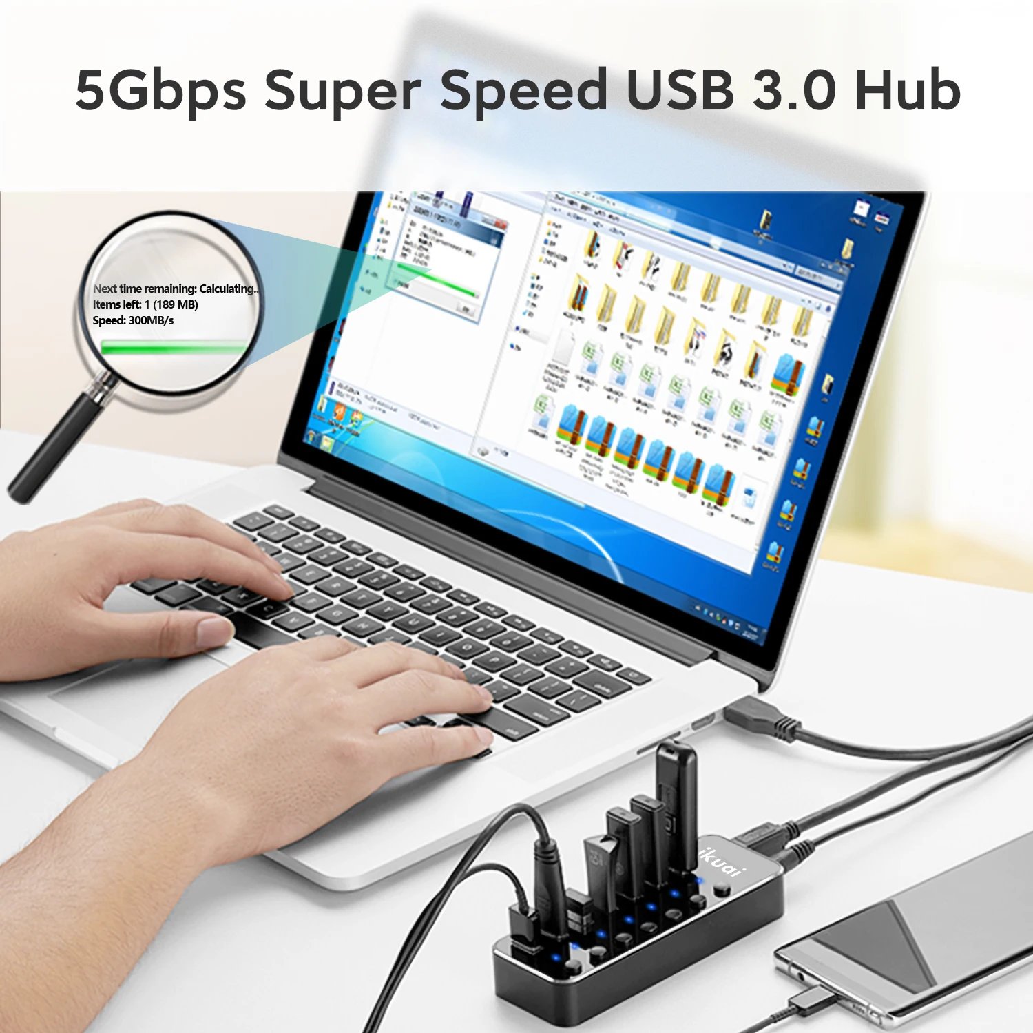 RSHTECH USB 3.0 Hub Aluminum 5Gbps USB Splitter On/Off Switch With 5V 2A Power Adapter For Laptop Macbook Computer Accessories