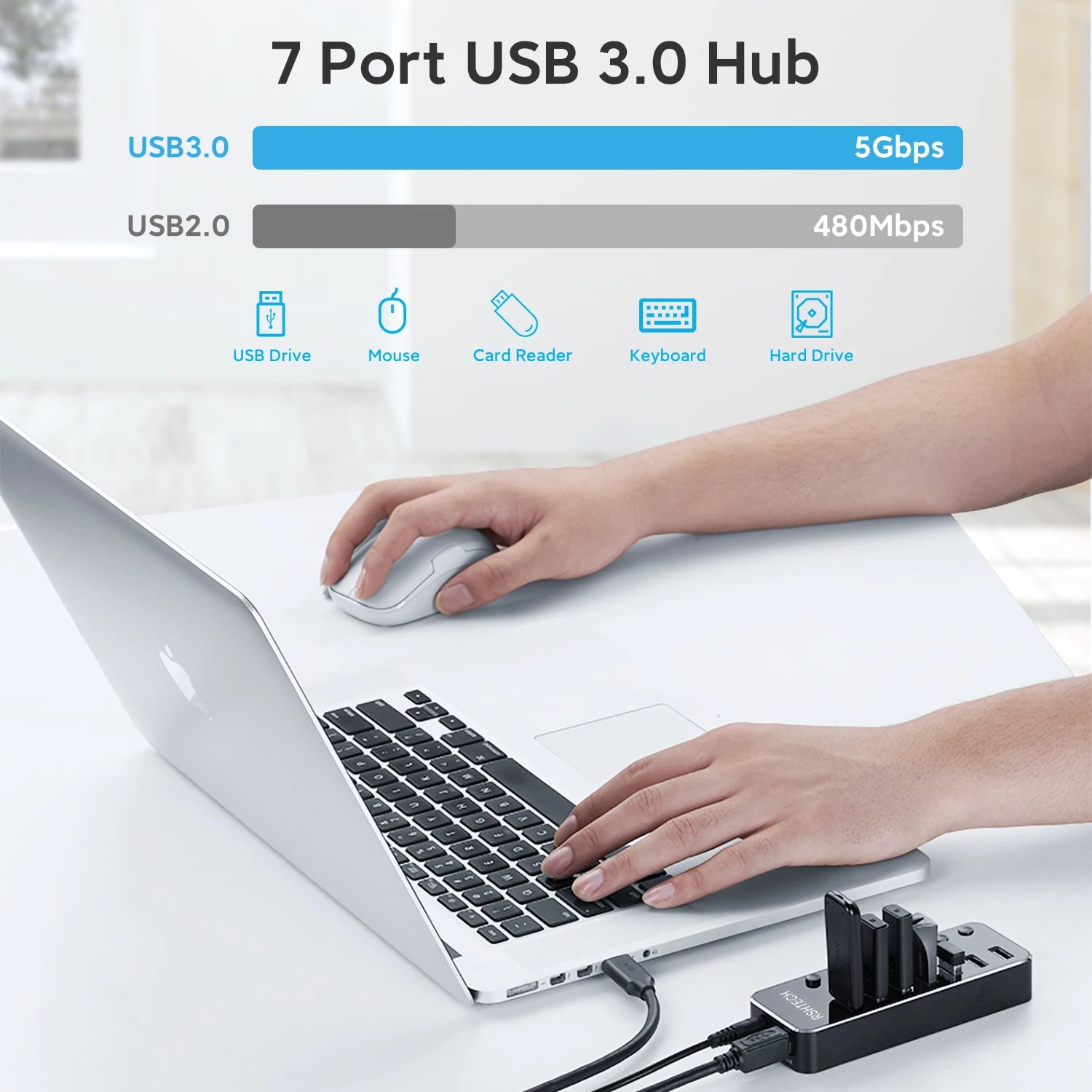 RSHTECH USB 3.0 Hub Aluminum 5Gbps USB Splitter On/Off Switch With 5V 2A Power Adapter For Laptop Macbook Computer Accessories