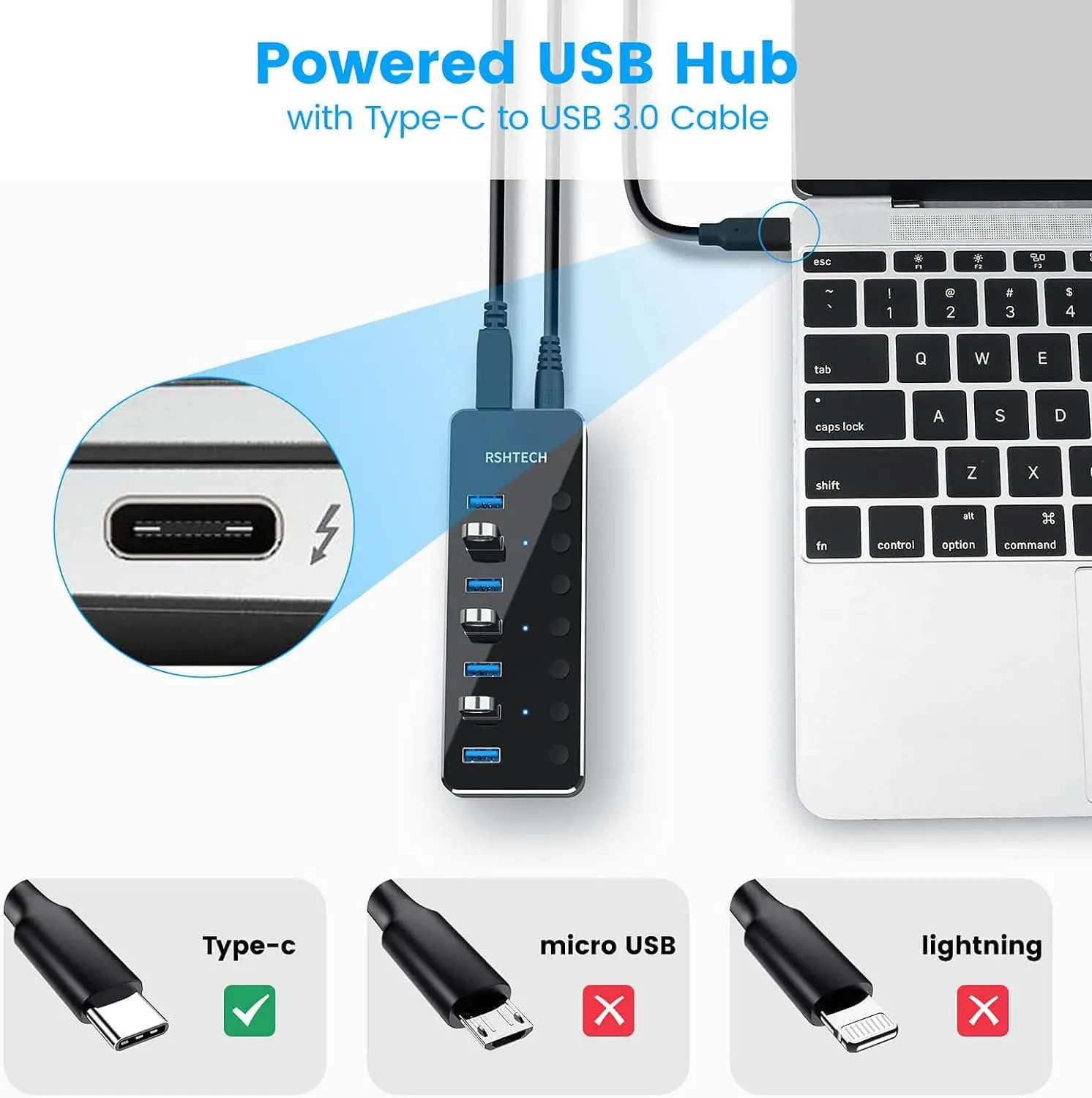 RSHTECH USB 3.0 Hub Aluminum 5Gbps USB Splitter On/Off Switch With 5V 2A Power Adapter For Laptop Macbook Computer Accessories