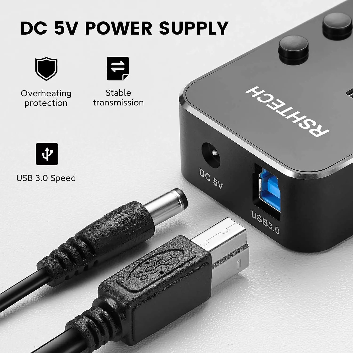 RSHTECH USB 3.0 Hub Aluminum 5Gbps USB Splitter On/Off Switch With 5V 2A Power Adapter For Laptop Macbook Computer Accessories