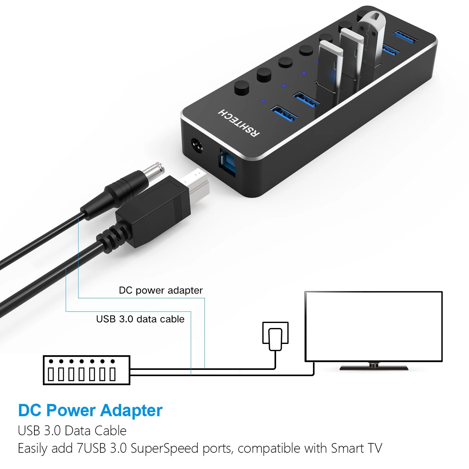 RSHTECH USB 3.0 Hub Aluminum 5Gbps USB Splitter On/Off Switch With 5V 2A Power Adapter For Laptop Macbook Computer Accessories