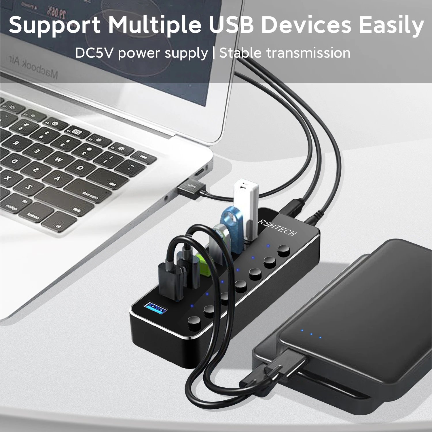 RSHTECH USB 3.0 Hub Aluminum 5Gbps USB Splitter On/Off Switch With 5V 2A Power Adapter For Laptop Macbook Computer Accessories