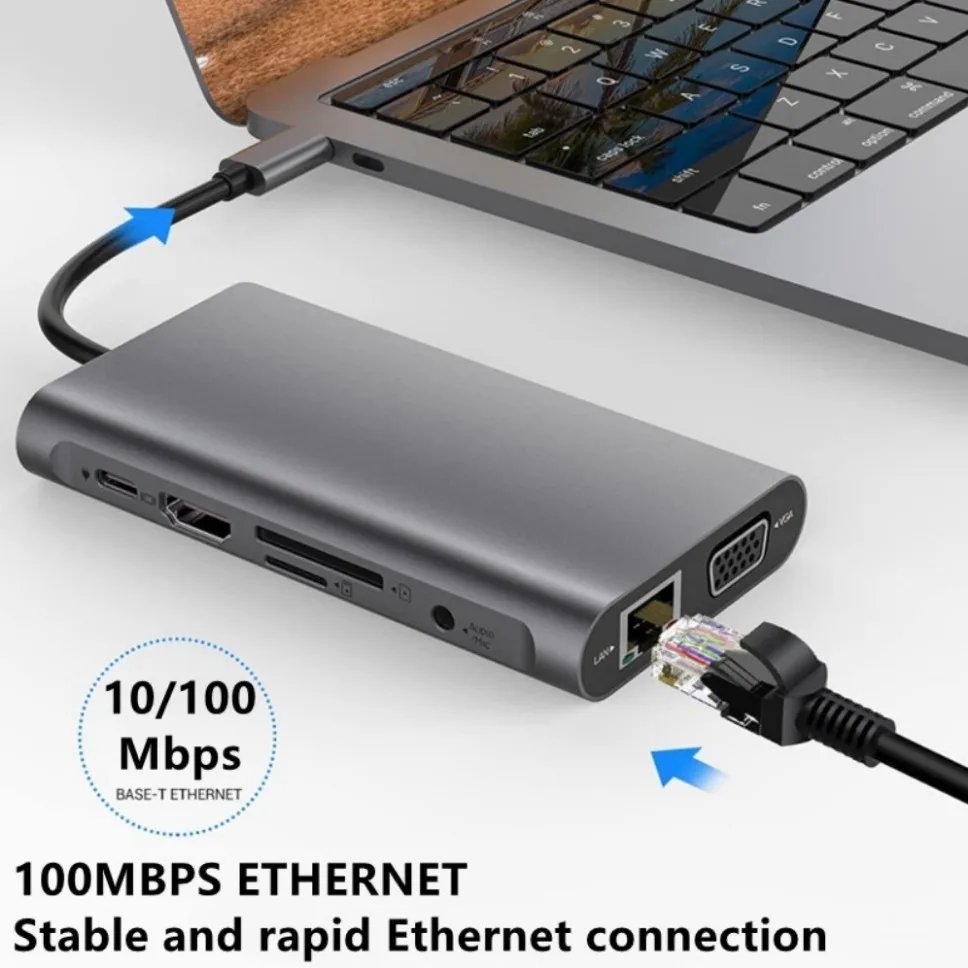 Grwibeou 11-IN-1 USB-C 3.0 HUB 4K Type C to HDMI/VGA USB 3.0 Adapter Type C HUB Dock PD 87W USB-C Splitter for MacBook Pro Air