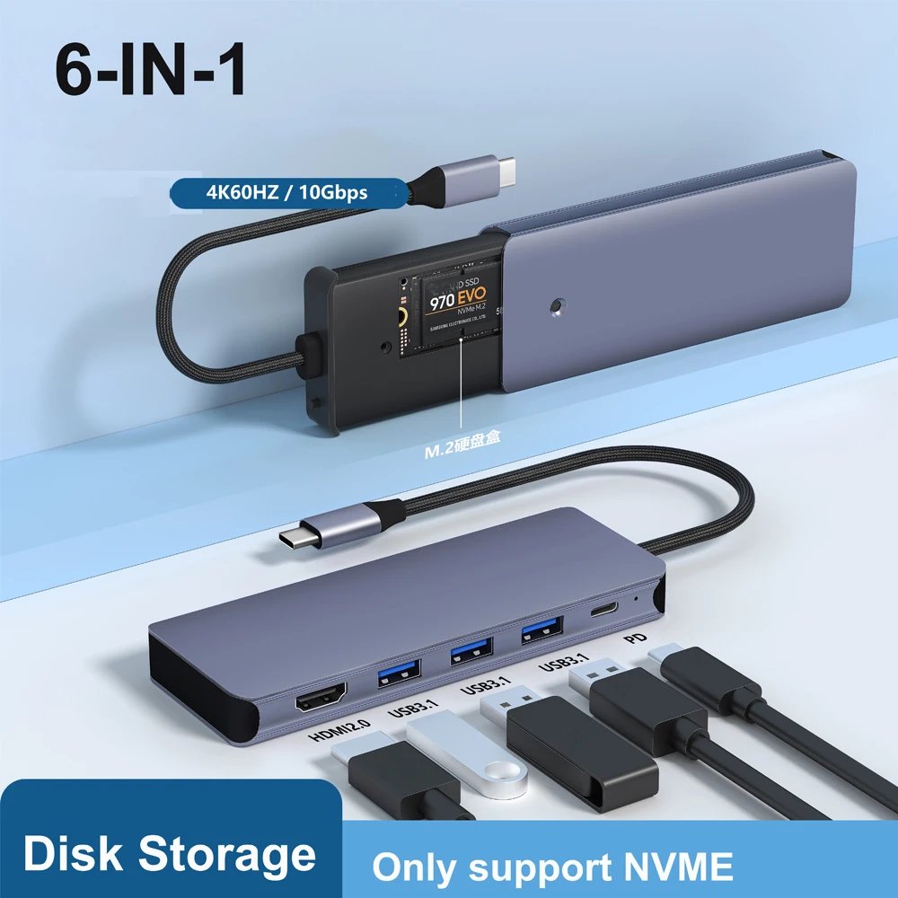 8-IN-1 USB HUB With Disk Storage Function PD100W USB C to HDMI-compatible Adapter SSD M.2 SATA NVME Dock Station For Macbook PC