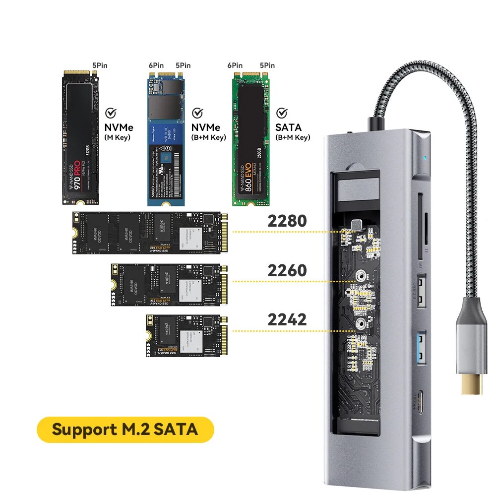 8-IN-1 USB HUB With Disk Storage Function PD100W USB C to HDMI-compatible Adapter SSD M.2 SATA NVME Dock Station For Macbook PC