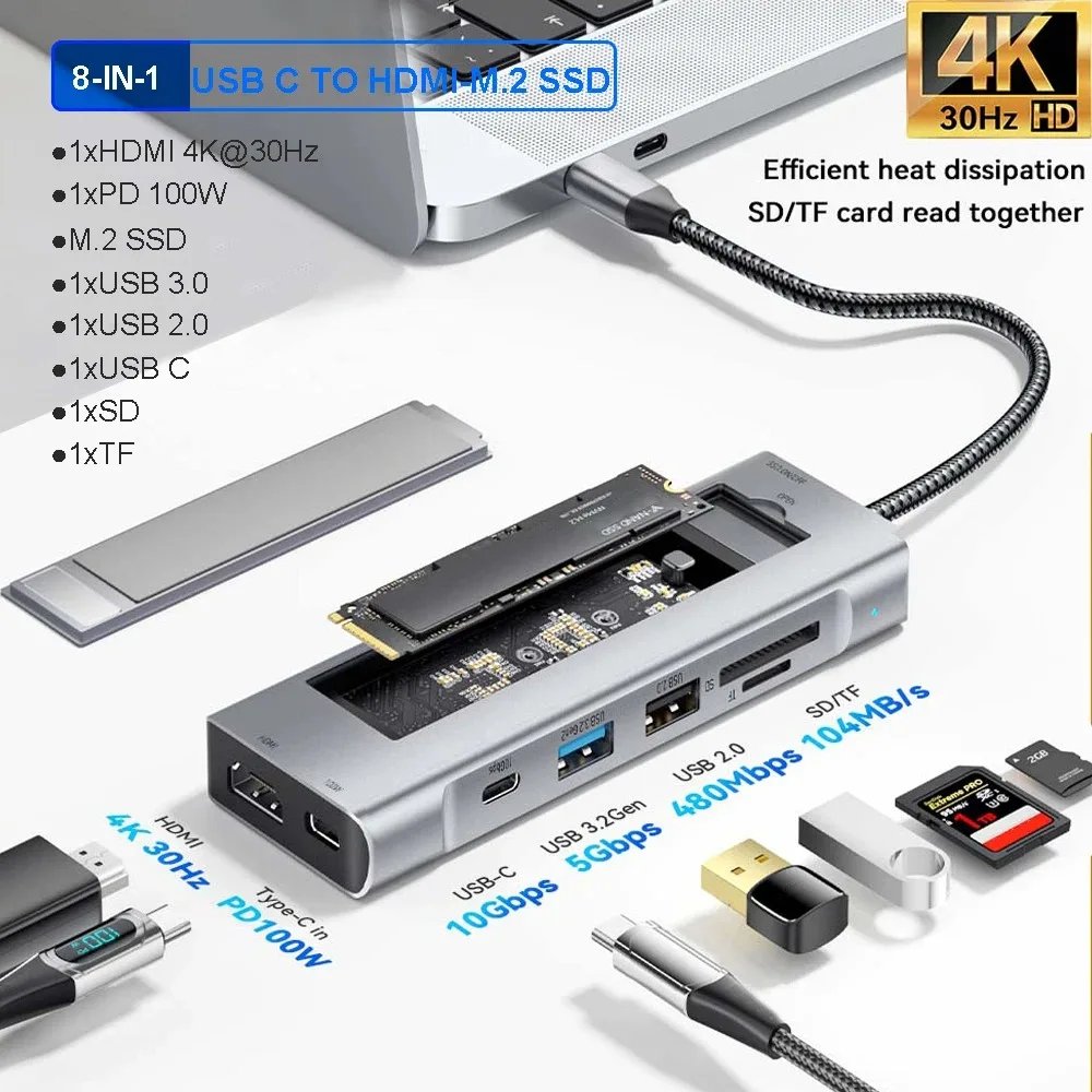 8-IN-1 USB HUB With Disk Storage Function PD100W USB C to HDMI-compatible Adapter SSD M.2 SATA NVME Dock Station For Macbook PC