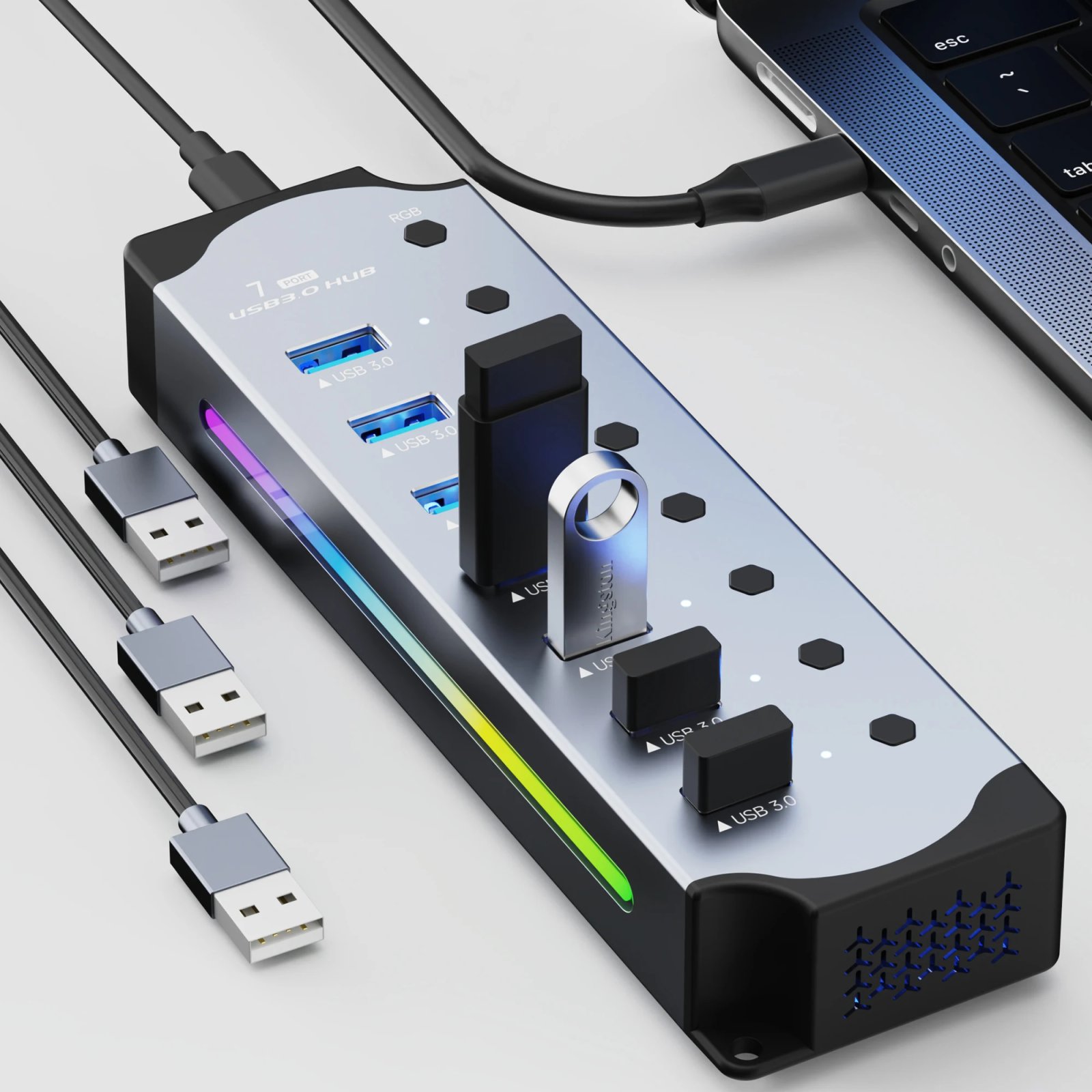 Powered USB 3.0 Hub 10 Ports 7 Port USB Adapter USB splitter with Individual Led On/Off Switches 4In1 RGB Extender for Laptop PC