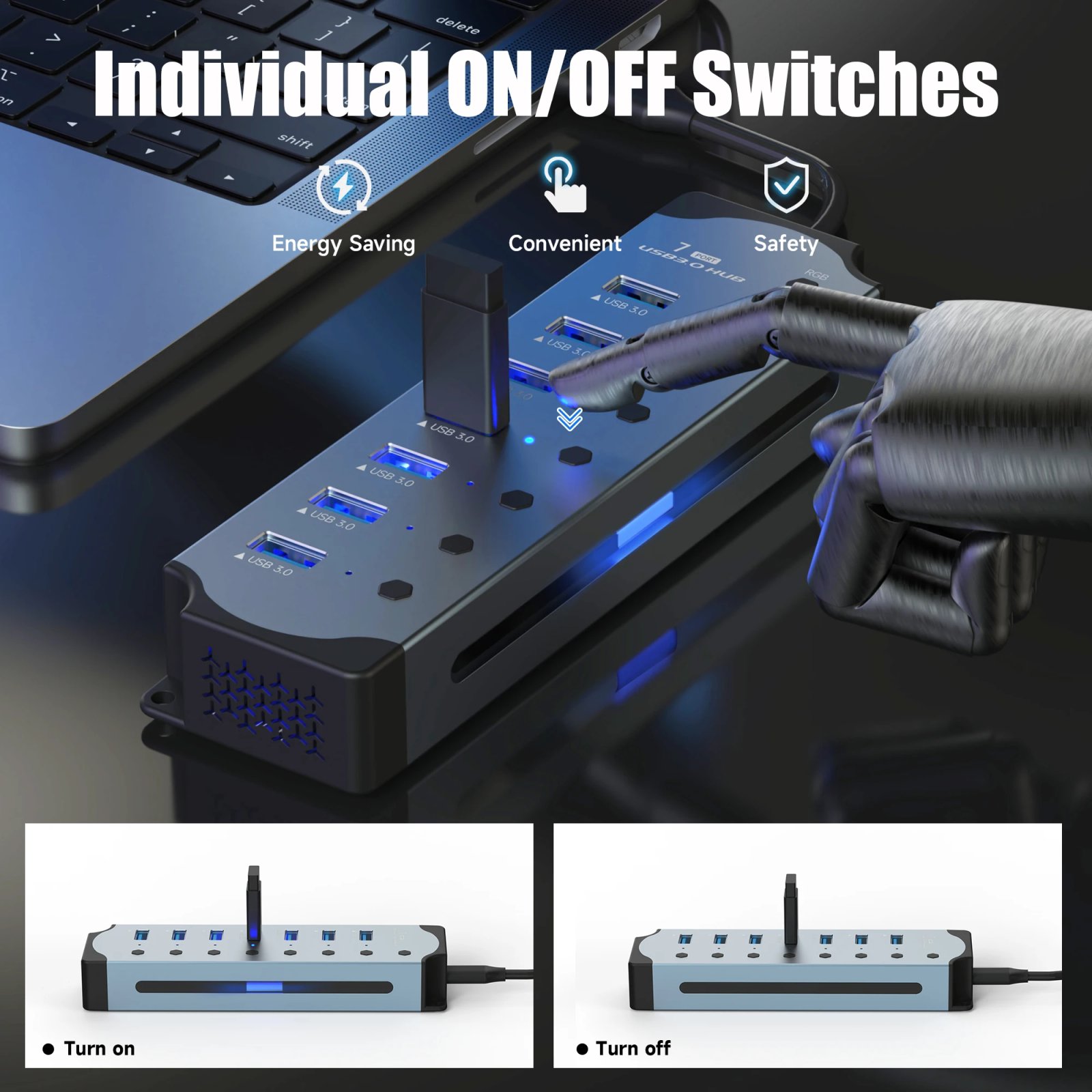 Powered USB 3.0 Hub 10 Ports 7 Port USB Adapter USB splitter with Individual Led On/Off Switches 4In1 RGB Extender for Laptop PC