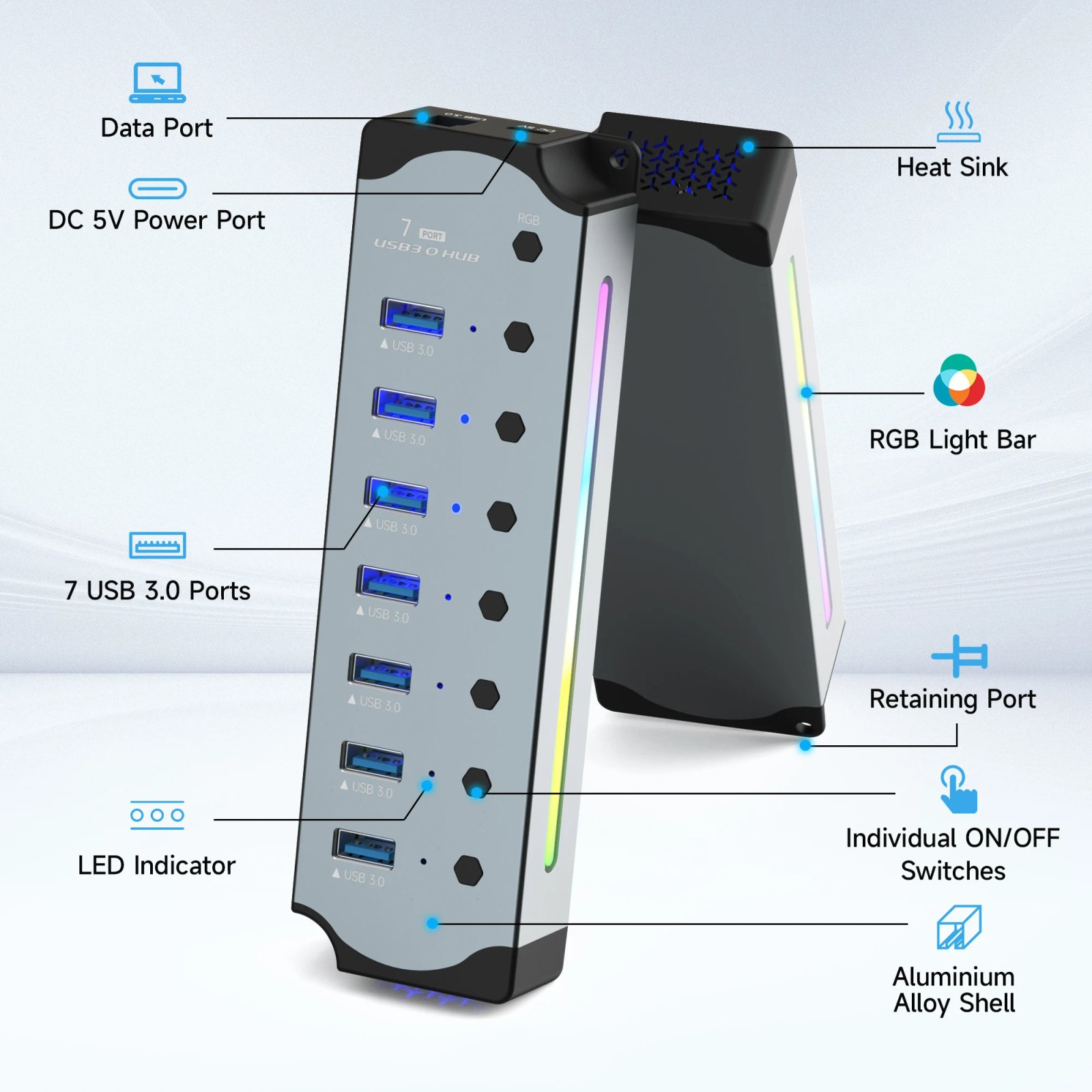 Powered USB 3.0 Hub 10 Ports 7 Port USB Adapter USB splitter with Individual Led On/Off Switches 4In1 RGB Extender for Laptop PC