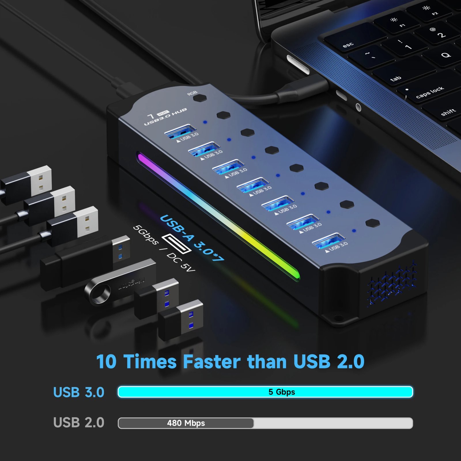 Powered USB 3.0 Hub 10 Ports 7 Port USB Adapter USB splitter with Individual Led On/Off Switches 4In1 RGB Extender for Laptop PC