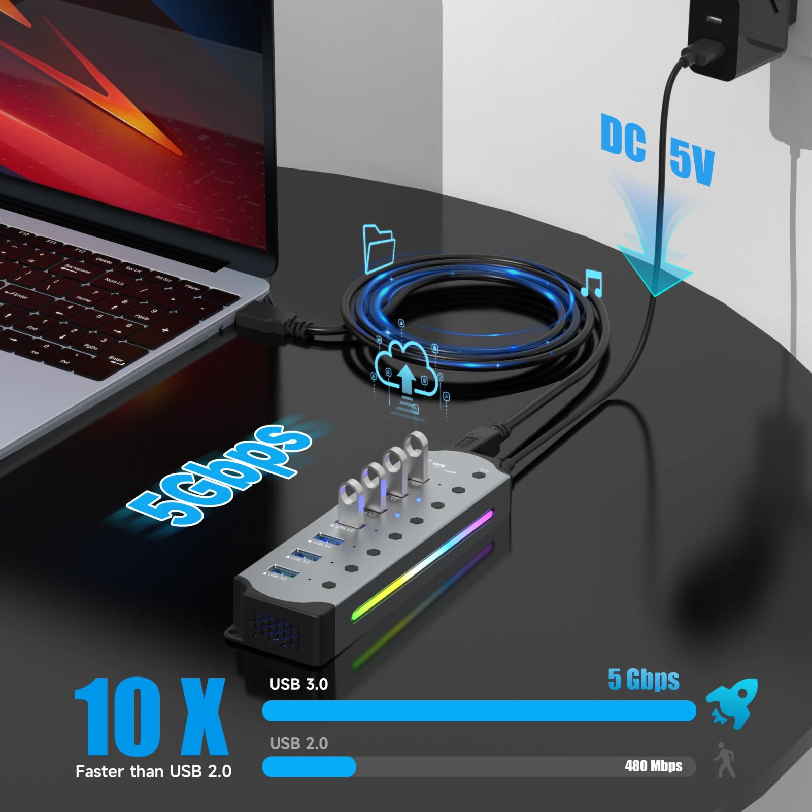 Powered USB 3.0 Hub 10 Ports 7 Port USB Adapter USB splitter with Individual Led On/Off Switches 4In1 RGB Extender for Laptop PC