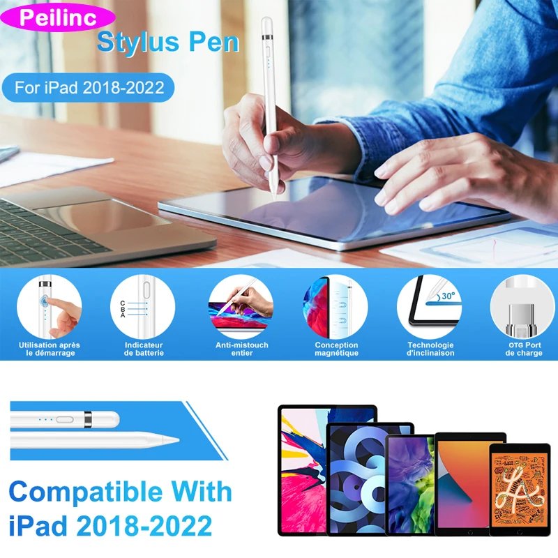 Peilinc Pencil Stylus Pen for iPad Pens for Apple Pencil 2 1 Battery Display Reminder Tilt Palm Rejection OTG Type-C Lightning