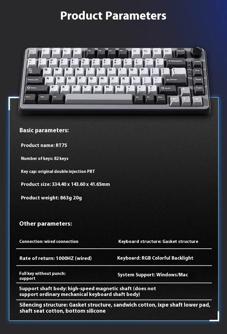 Yunzii Rt75 Wired Magnetic Switch Keyboard 82 Keys Hot-Swap Keyboard Adjustable Key Range Gamer Keyboard Custom Gaming Keyboard