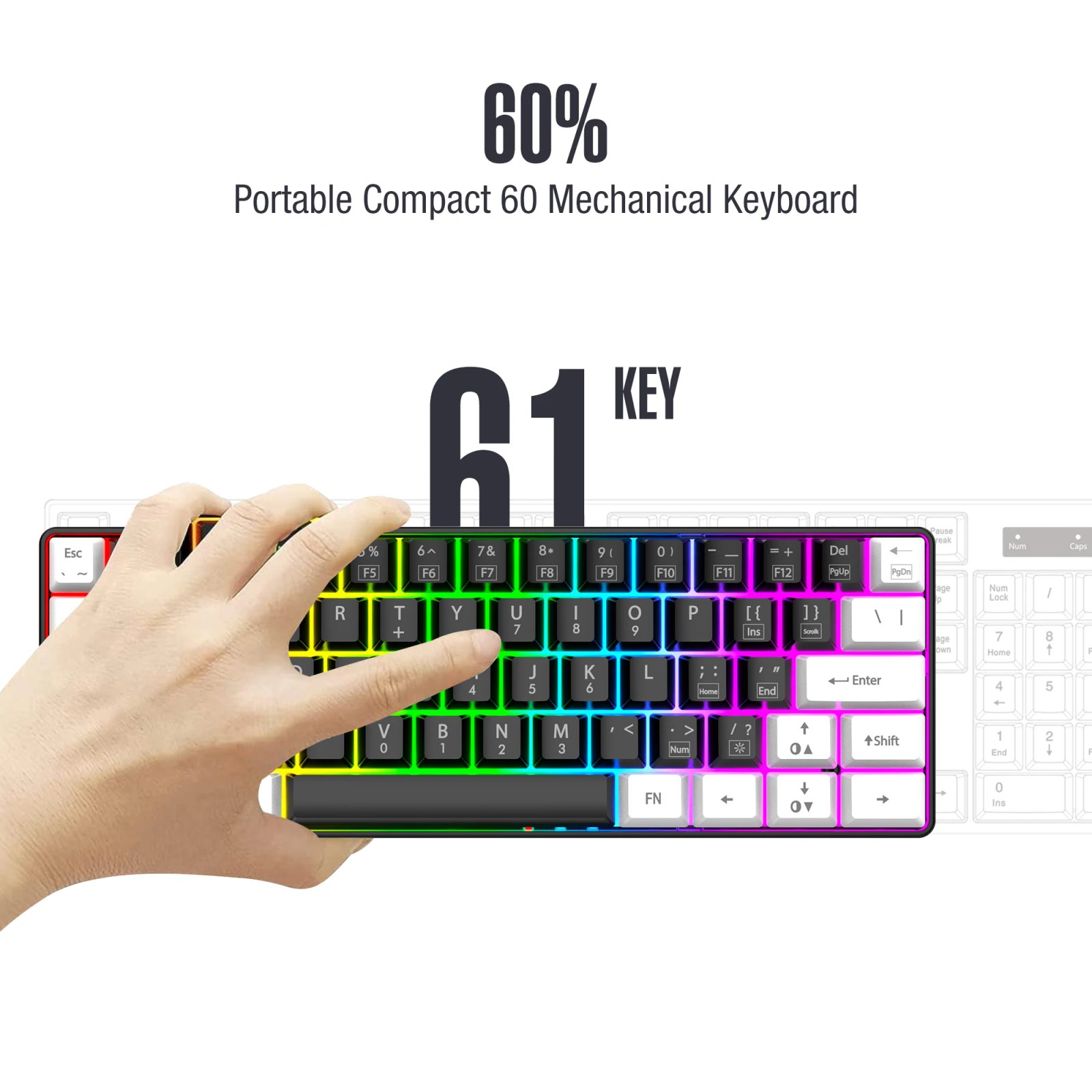 60% wired gaming keyboard, RGB backlight ultra compact mini keyboard, waterproof small compact 61 key keyboard for pc/Mac gamers