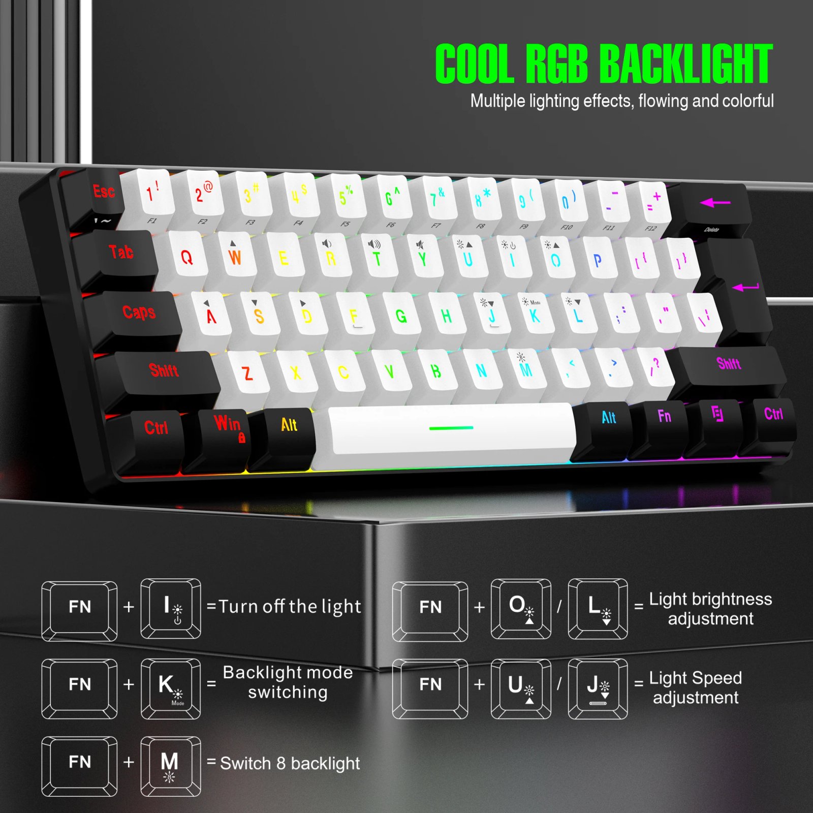 60% wired gaming keyboard, RGB backlight ultra compact mini keyboard, waterproof small compact 61 key keyboard for pc/Mac gamers