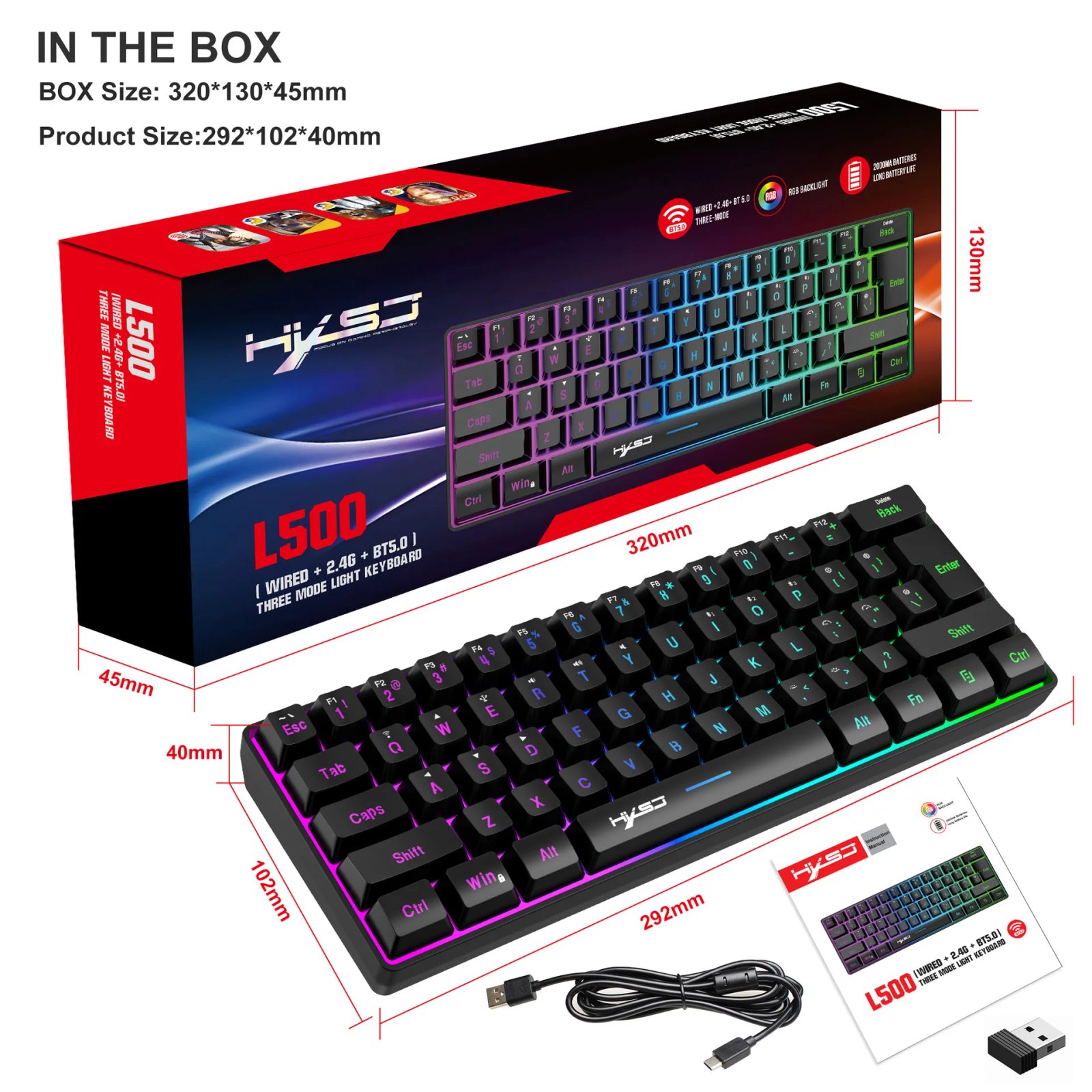 L500 Wired/Wireless Gaming Keyboard 61 Keys With Dynamic RGB Backlight For PC Laptop Gamer