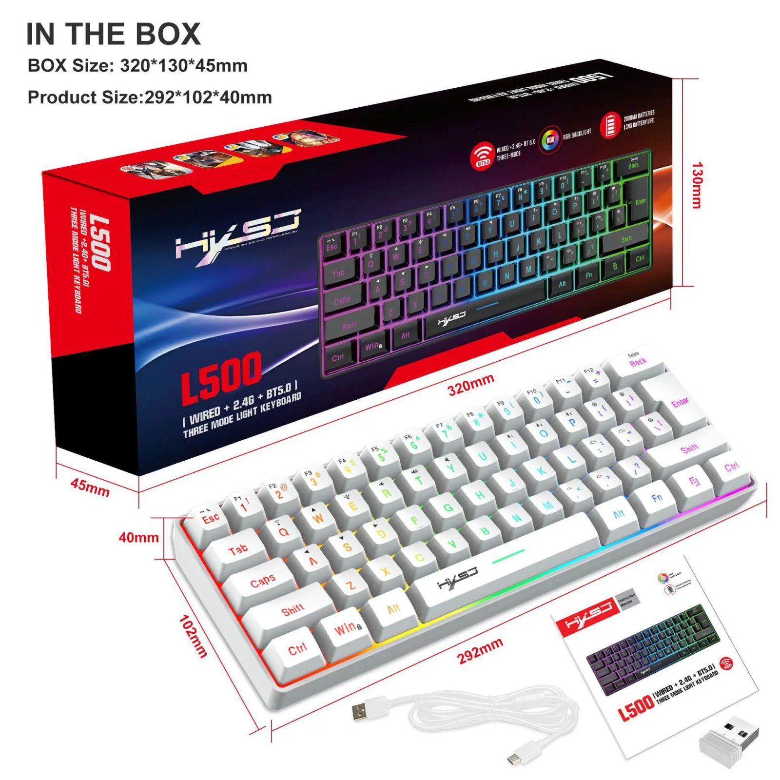 L500 Wired/Wireless Gaming Keyboard 61 Keys With Dynamic RGB Backlight For PC Laptop Gamer