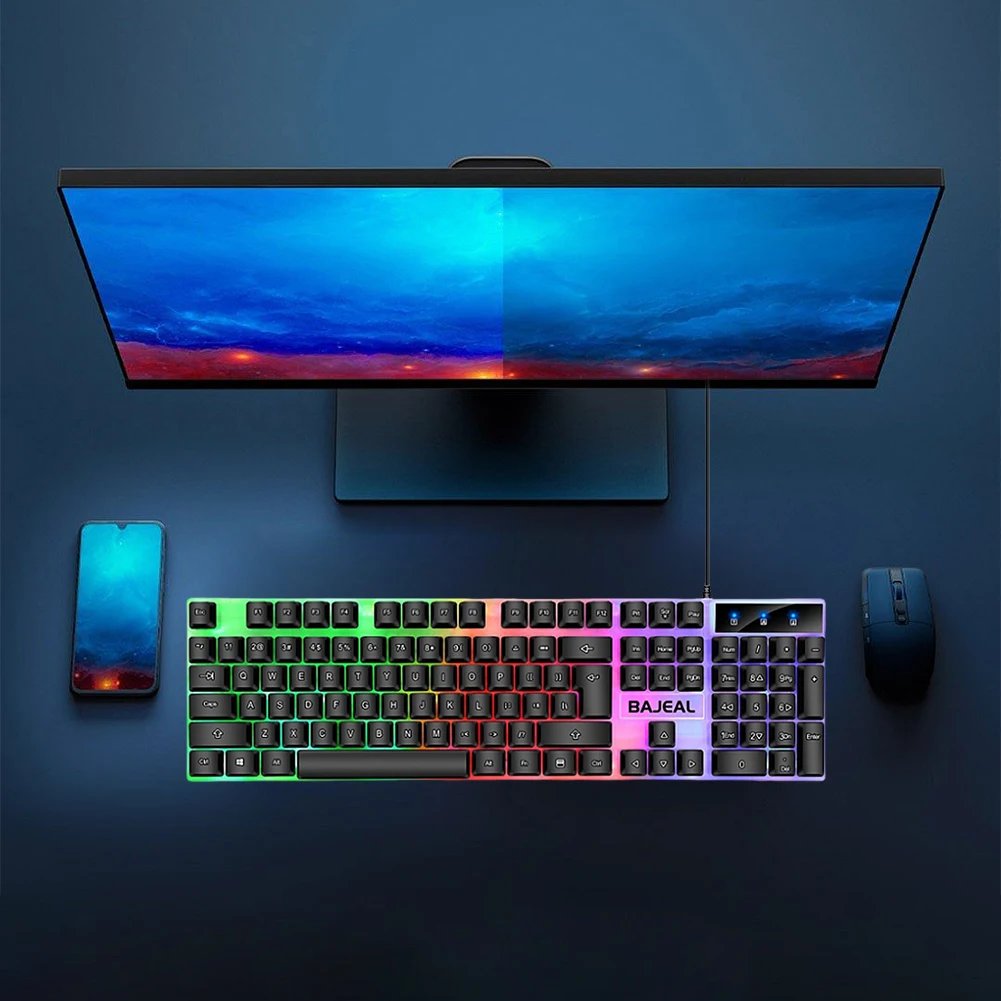 RGB Gaming Keyboard 98 Keys Mechanical Keyboard Colorful Lighting Gaming USB Wired Keyboard Backlit Key Caps for Laptop PC Gamer