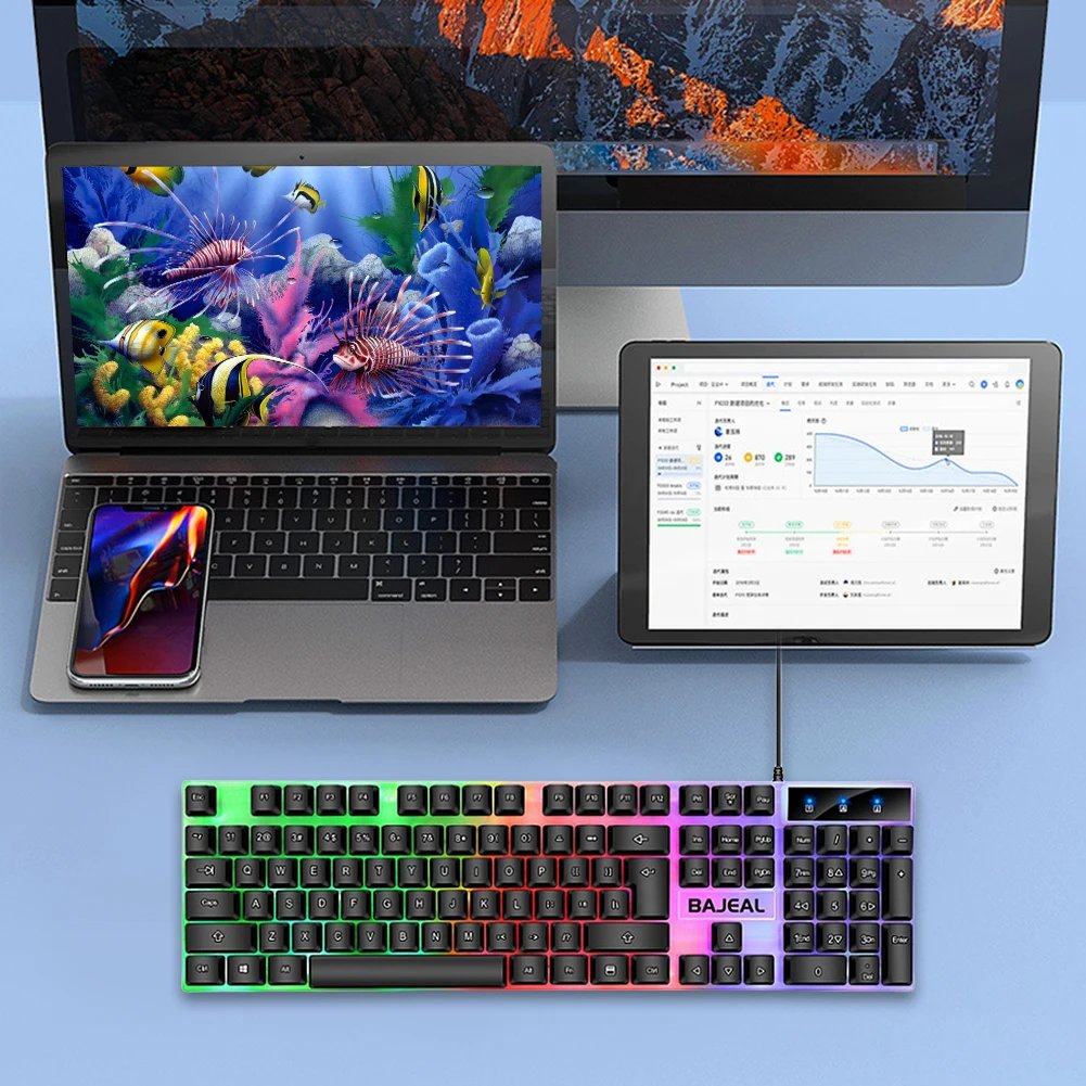 RGB Gaming Keyboard 98 Keys Mechanical Keyboard Colorful Lighting Gaming USB Wired Keyboard Backlit Key Caps for Laptop PC Gamer