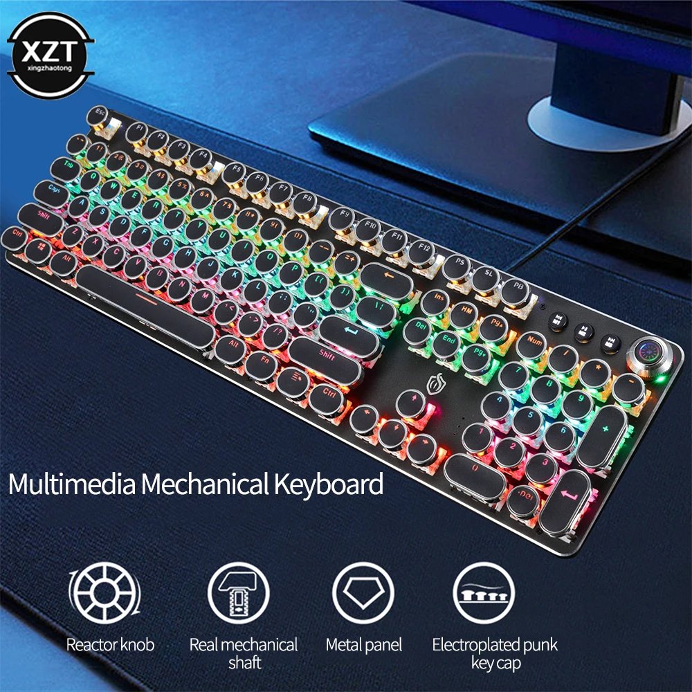 RGB Backlit Gaming Mechanical Keyboard Retro Punk USB Wired 104 Keys Metal Panel LED Switch Full Keypad Computer Game Accessary