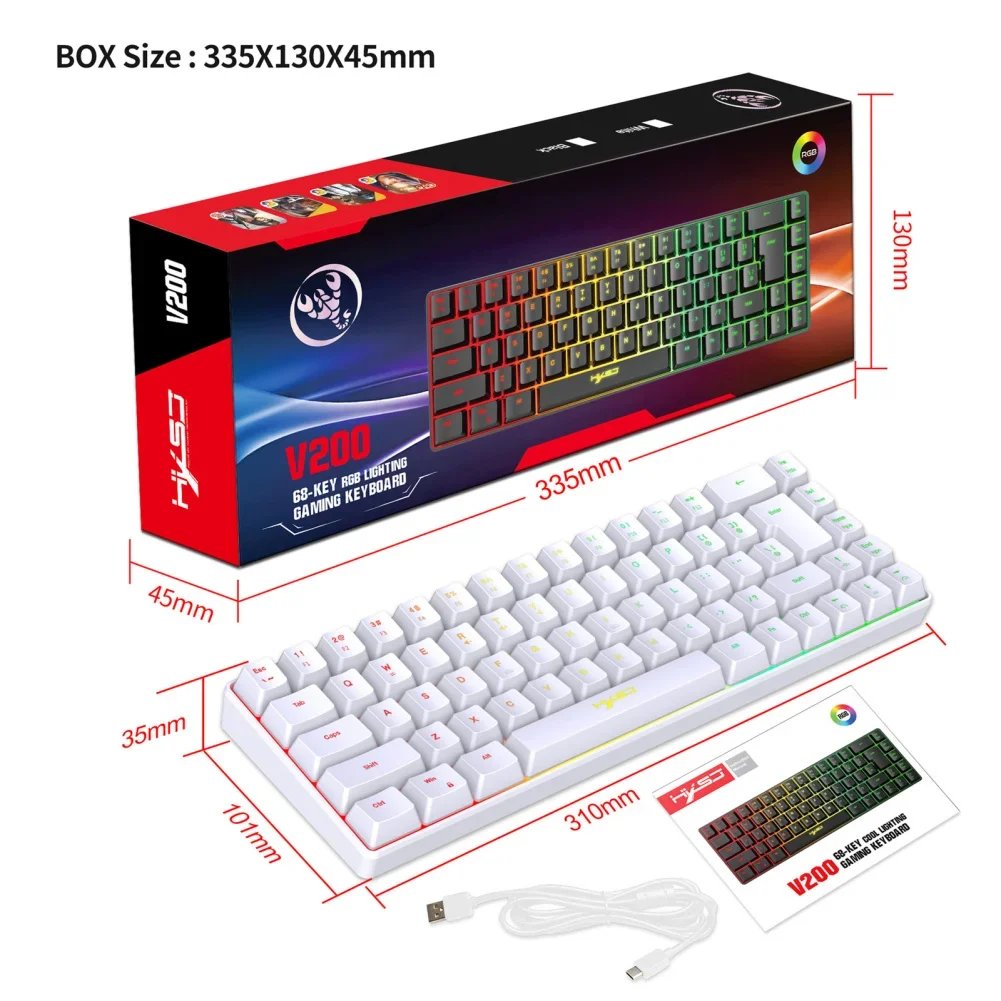 V200 Portable Gaming Keyboard RGB Colorful Backlit Keyboard 68 Keys Silence Keyboard Mechanical Wired Keyboards