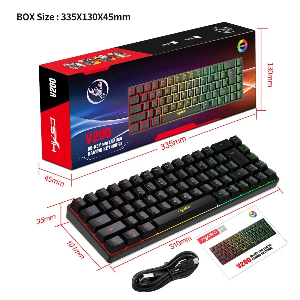 V200 Portable Gaming Keyboard RGB Colorful Backlit Keyboard 68 Keys Silence Keyboard Mechanical Wired Keyboards