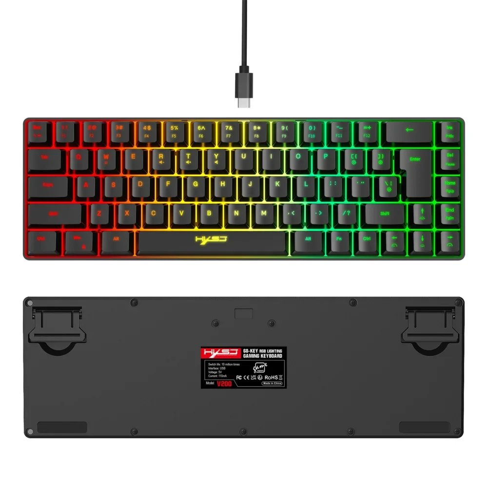 V200 Portable Gaming Keyboard RGB Colorful Backlit Keyboard 68 Keys Silence Keyboard Mechanical Wired Keyboards