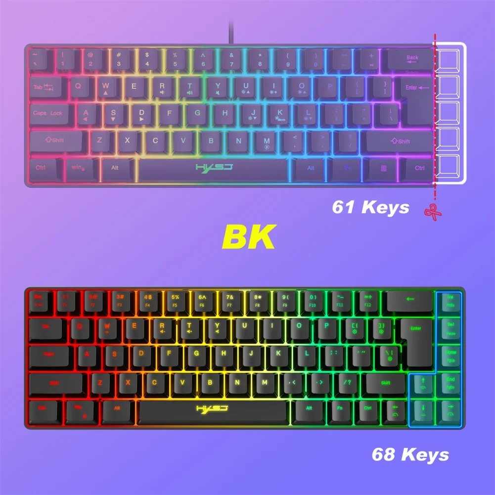 V200 Portable Gaming Keyboard RGB Colorful Backlit Keyboard 68 Keys Silence Keyboard Mechanical Wired Keyboards