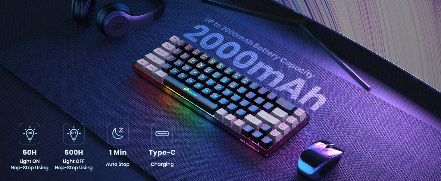 GEODMAER 2.4G Wireless Gaming Keyboard Rechargeable Backlit Gaming Keyboard 68 Keys Anti-ghosting No-Conflict Keyboard for PC