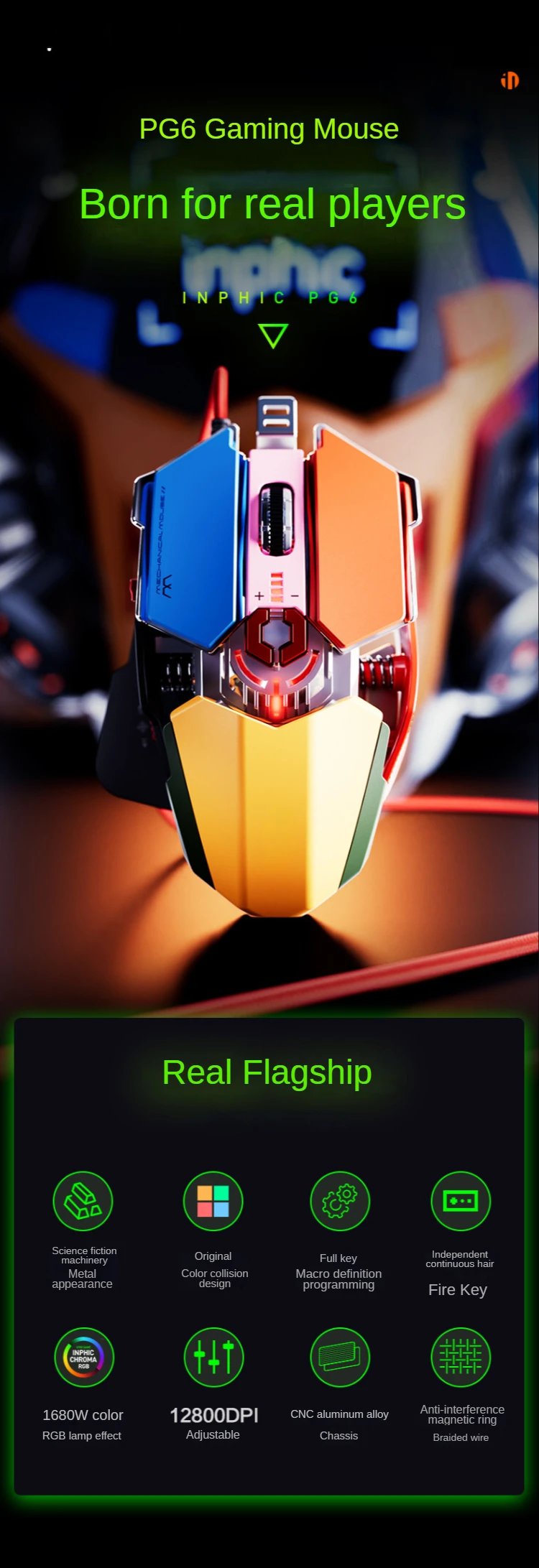 PG6 Computer Mouse USB Wired Gaming Mice RGB Silent Mouse 5500 DPI Mechanical Mouse With 9 Button For PC Laptop Pro Gamer