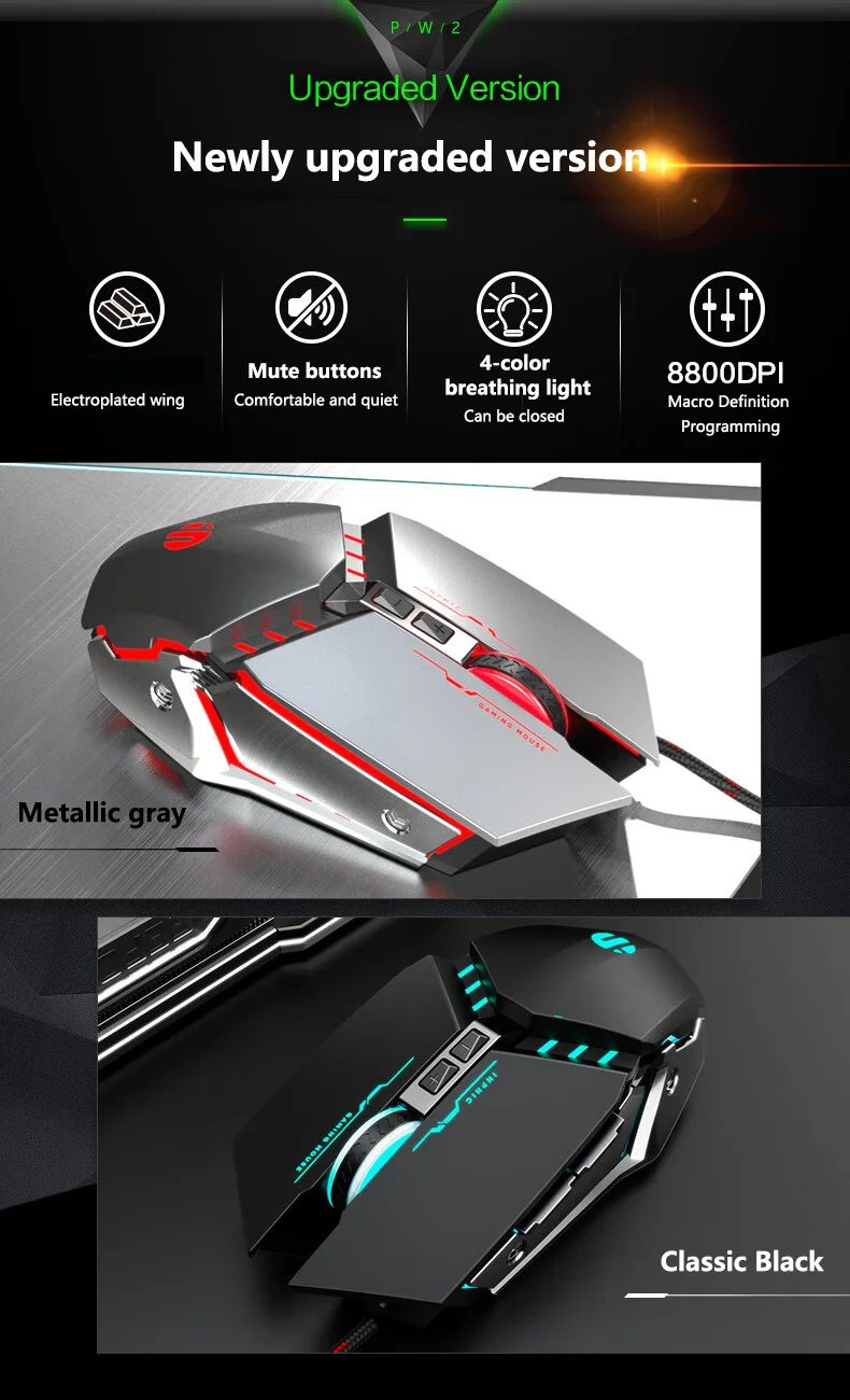 Inphic W2 Silent Gaming Mouse USB Wired Mouse Gamer Mechanical Metal Style Suitable For Desktop And Laptop Computers Home office