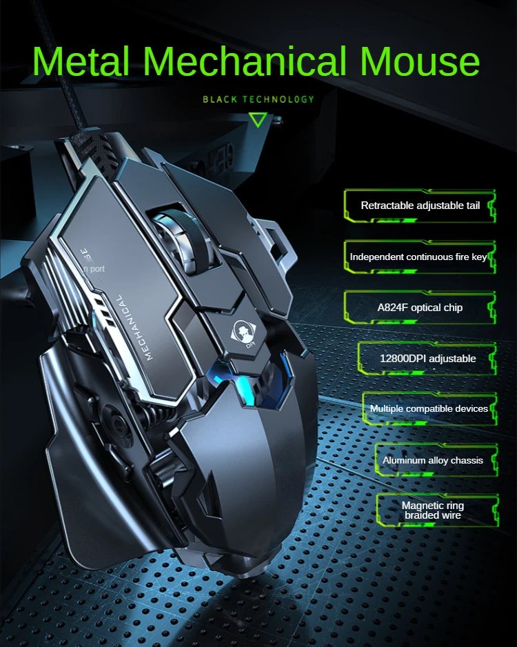 New Mechanical Wired Gaming Mouse 9 Key Macro Definition 12800 DPI Color Backlit Game Player Computer Peripheral for Windows PC