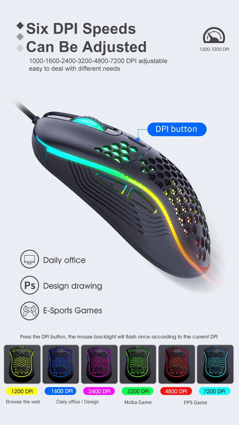 USB Wired Gaming Mouse Mechanical Mice USB Luminous Light Mouse 7200DPI Adjustable Optical Gamer Mice for PC Computer Game