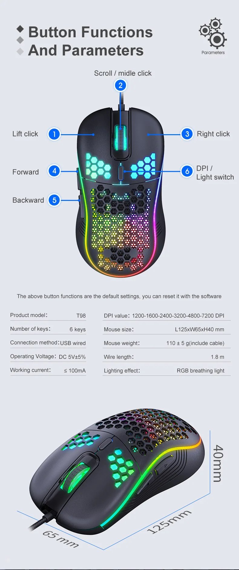 USB Wired Gaming Mouse Mechanical Mice USB Luminous Light Mouse 7200DPI Adjustable Optical Gamer Mice for PC Computer Game